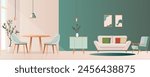 Beautiful apartment. Vector illustration Interior of a studio apartment, hotel room or living room with a dining table, chairs, armchair, sofa, paintings, chest of drawers, potted plants and lamps.

