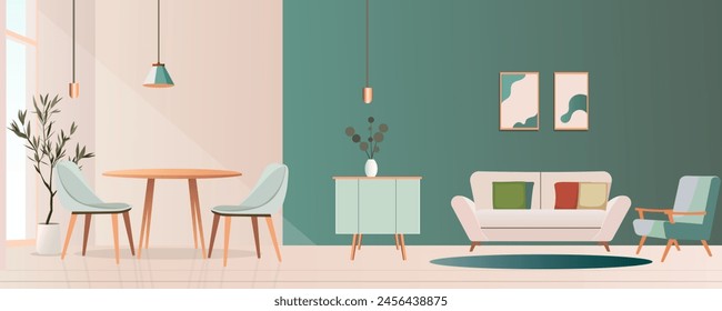 Beautiful apartment. Vector illustration Interior of a studio apartment, hotel room or living room with a dining table, chairs, armchair, sofa, paintings, chest of drawers, potted plants and lamps.
