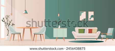 Beautiful apartment. Vector illustration Interior of a studio apartment, hotel room or living room with a dining table, chairs, armchair, sofa, paintings, chest of drawers, potted plants and lamps.
