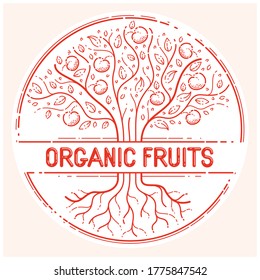 Beautiful apple fruit tree natural organic farm food vector logo or emblem, linear style drawing.