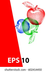Beautiful Apples Vector Banner Design. Red corner. Red, Green, Blue Apples Isolated on White Background. Text Sample. EPS 10