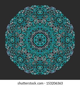 Beautiful aqua ornamental background. Vector illustration for your yoga fashion design. Fond fine greeting card, round postcard with floral ornaments, excellent element for menu and invitation.