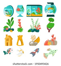 Beautiful aquarium set fish, vector illustration. Aquatic collection designer fauna in glass tank. Marine flora natural world.