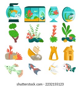 Beautiful aquarium set fish, vector illustration. Aquatic collection designer fauna in glass tank. Marine flora natural world.