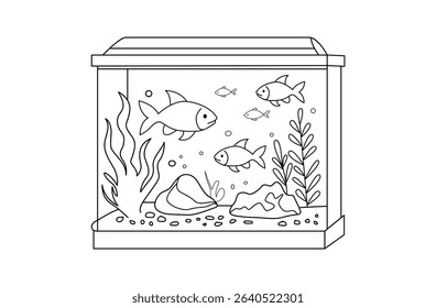Beautiful Aquarium water tank line drawing isolated on white background - vector illustration