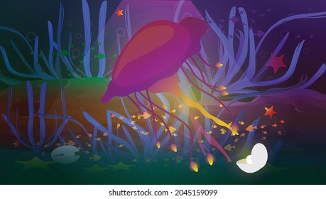 Beautiful aquatic background with light and shadow with Jelly fish, small fishes and underwater plants and rocks vector illustration, concept art.