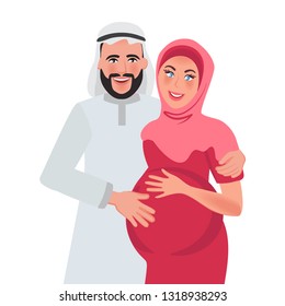 Beautiful Arab family in national dress. A pregnant Muslim woman is expecting a baby. Vector illustration of an happy family in the Eastern traditions
