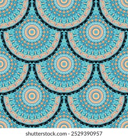 Beautiful arabesque ethnic style tiled mandalas seamless pattern. Ornamental floral background. Repeat vector backdrop. Elegant ornaments, borders, flowers. frames. Endless texture. For fabric, prints