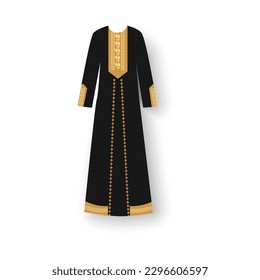 Beautiful arabian abaya dress style. Muslim hijab, islamic female dress. Long dress in gold and black colours.