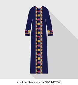 Beautiful arabian abaya in flat style. Muslim hijab, islamic female apparel. Long dress in gold, red and blue colors.