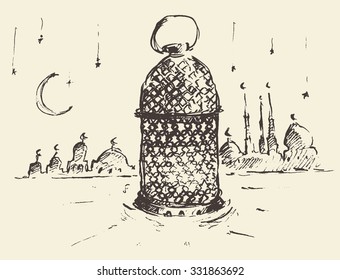 Beautiful Arabian lantern, Ramadan celebration vintage engraved illustration, hand drawn