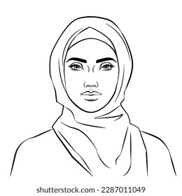 beautiful arabian muslim  woman in hijab  portrait  line drawing outline style vector illustration