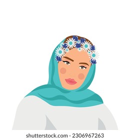 Beautiful Arabian woman with floral wreath on white background. 