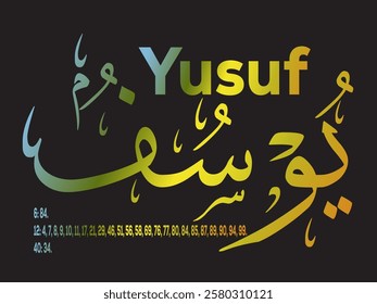 Beautiful Arabic calligraphy of the name of Prophet Yusuf with verse numbers.