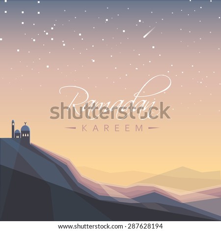 beautiful arabic festival ramadan kareem greeting card with night landscape with mosque and sky filled with stars