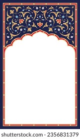 Beautiful Arabic Floral Arch with doodles, flowers, and paisley. Traditional Islamic Background for print on product or adult coloring book, coloring page. Mosque decoration element. Architectural ele