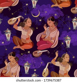 Beautiful arabic girls and night sky. Scheherazade tell fairy tales. Seamless pattern. Women in national ethnic clothes. Esoteric astrology. Fashion islamic princesses. East murals style 