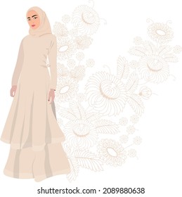 Beautiful arabic lady in dress. Woman in hijab standing. Vector illustration