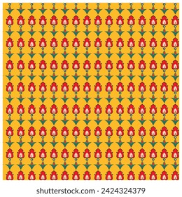 Beautiful Arabic-style ethnic hand-drawn vector scarf, retro-style red and  element with colorful floral leaf, traditional yellow background texture, seamless print for fabric, texture and wallpaper.
