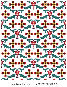 Beautiful Arabic-style ethnic hand-drawn vector retro-style red and yellow flower petal with colorful floral leaf, white background texture, seamless print placement for fabric, texture, and wallpaper