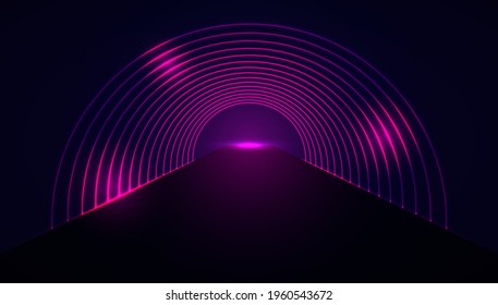 Beautiful arch neon effect on dark background. 3D effect arch elements. Abstract vector technology background.