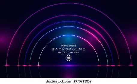 Beautiful arch neon effect on dark background. 3D effect arch elements. Abstract vector technology background.