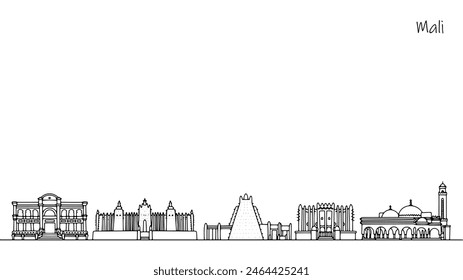 Beautiful architecture of the Republic of Mali. Unusual buildings reflecting the culture of an African country. Isolated vector for different uses. Black and white illustration.