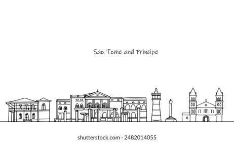 Beautiful architecture that attracts tourists to the island nation of Sao Tome and Principe. Several country buildings, hand drawn on a white background. Vector illustration.