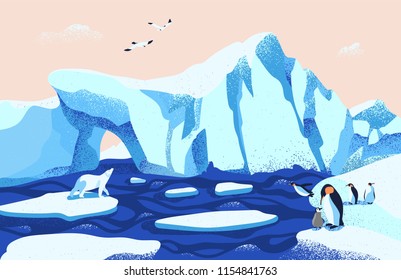 Beautiful Arctic or Antarctic landscape. Gorgeous scenery with large icebergs floating in ocean, polar bear, penguins and seagulls. Colorful vector illustration in modern flat cartoon style