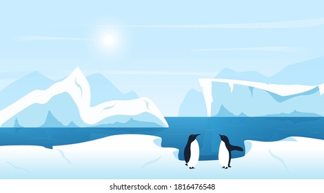 Beautiful Arctic or Antarctic landscape with icebergs and penguins. Cold climate northern icy winter scenic background