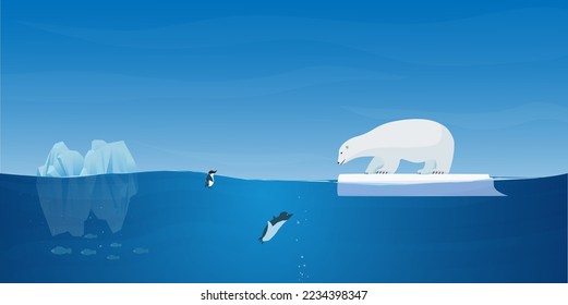 Beautiful arctic or antarctic landscape. A magnificent landscape with a large iceberg and an ice floe in the ocean, a polar bear, penguins and fish. Colorful illustration in single flat cartoon style