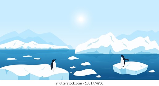 Beautiful Arctic or Antarctic landscape. North scenery with large icebergs floating in ocean and penguins. Snow mountains hills, scenic northern icy nature background