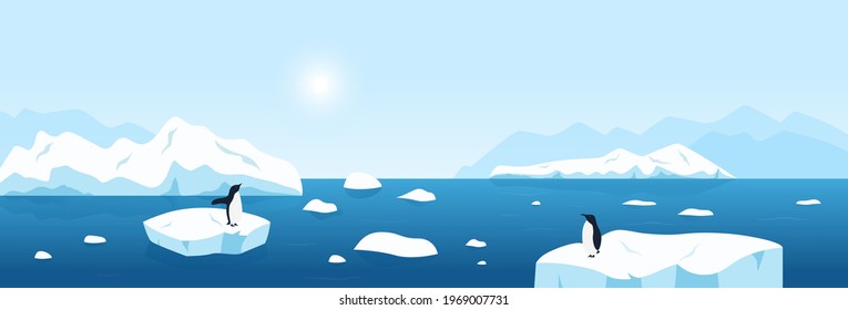 Beautiful Arctic or Antarctic wide landscape panorama. North scenery with large ocean icebergs and penguins. Snow mountains hills, scenic northern icy nature background