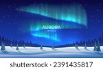 Beautiful arctic aurora in the night sky. Bright aurora borealis. Winter landscape in the northern regions. Snowy valley. Spruce trees in snowdrifts. Vector image. Design background, banner, postcard.
