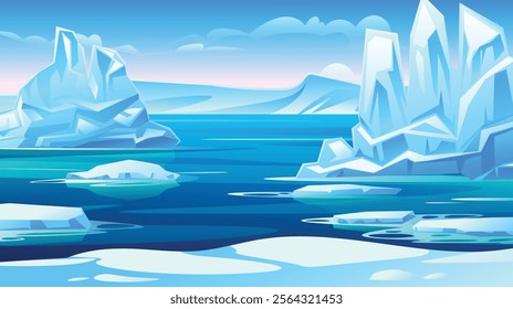 Beautiful Arctic seascape with large icebergs floating in clear blue water under a sunny sky. Vector cartoon illustration