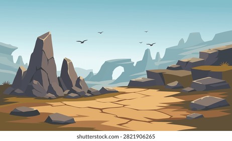 Beautiful Arid Rocky Desert Flat Vector Landscape With Sharp Crags And Cracked Dry Earth