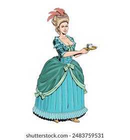 Hermosa mujer aristocrática, princesa, duquesa o reina en un vestido elegante sostiene una taza de café o té. Noble dama francesa en un vestido de lujo aislado en una Ilustración vectorial de fondo blanco