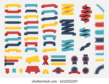 Beautiful arrangement and big popular set of different color ribbons and signs on white background. Four pillars with random style and colors. Vector Illustration.