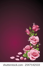 A beautiful arrangement of pink roses with dewdrops on a dark purple gradient background, ideal for greeting cards, posters, or romantic designs