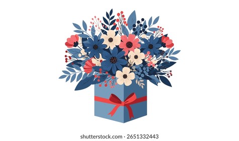 Um belo arranjo de flores vermelhas azuis e brancas em uma caixa de presente azul