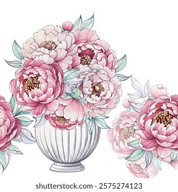 A beautiful arrangement of soft pink peonies in a classic vase showcases the delicate artistry of watercolor floral elegance seamless pattern, ornament