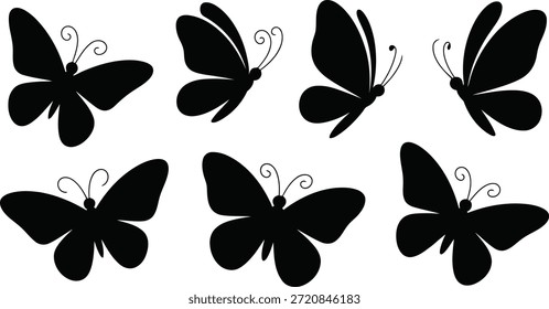 A beautiful array of black butterfly silhouettes in various poses and sizes, perfect for nature themed designs or elegant decorations.