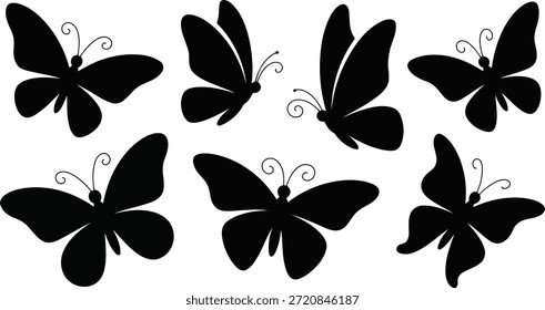 Una hermosa variedad de siluetas de mariposas negras en varias poses y tamaños, perfectas para diseños con temas de naturaleza o decoraciones elegantes.