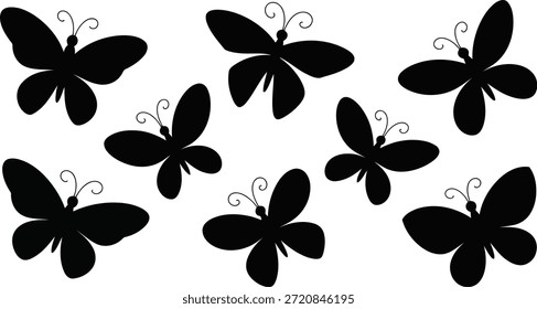 Una hermosa variedad de siluetas de mariposas negras en varias poses y tamaños, perfectas para diseños con temas de naturaleza o decoraciones elegantes.