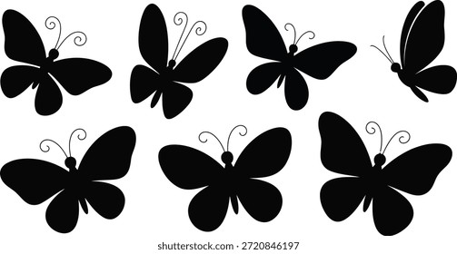 A beautiful array of black butterfly silhouettes in various poses and sizes, perfect for nature themed designs or elegant decorations.