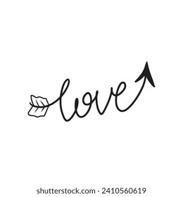 Beautiful arrow made with love word in black isolated on white background. Cupid arrow lettering had written word. Hand drawn vector sketch illustration in doodle simple line art style