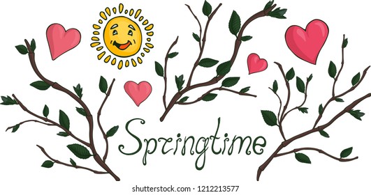 Beautiful art with collection of cartoon springtime symbols on white background