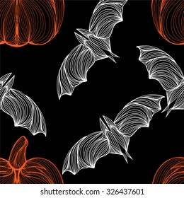 Beautiful art creative colorful halloween holiday wallpaper vector illustration of many white flying bats and orange pumpkins on black seamless background