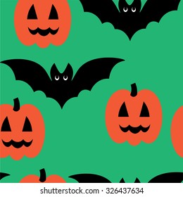 Beautiful art creative colorful halloween holiday wallpaper vector illustration of many black flying bats and orange pumpkins on green seamless background