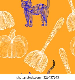 Beautiful art creative colorful halloween holiday wallpaper vector illustration of many blue cat white pumpkins and broom on orange seamless background